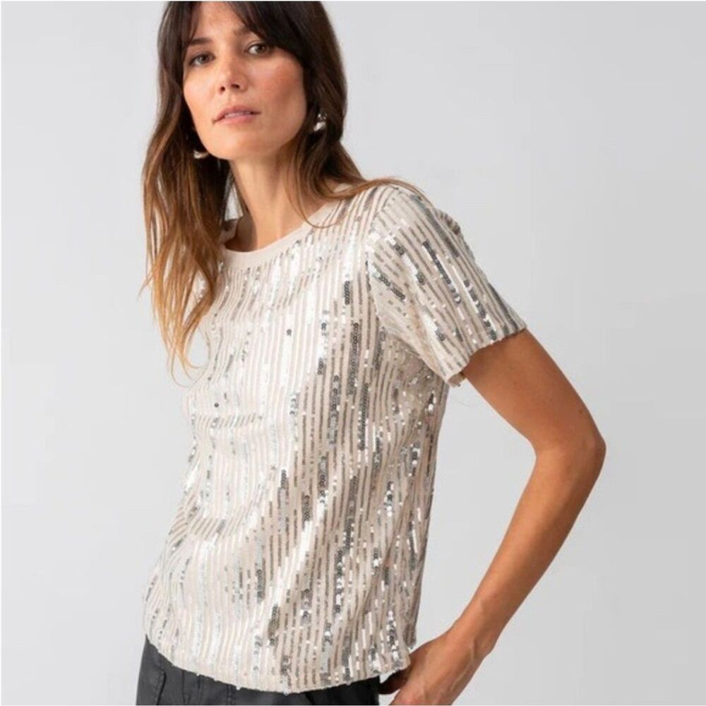 Sanctuary Silver/Beige Sequin Embellished Perfect Tee Size M NWT